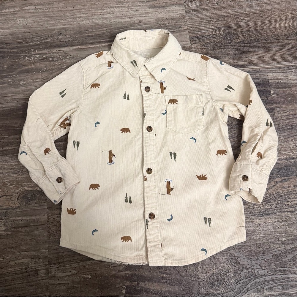 Carter's Toddler Cream Bear Print Button Down Corduroy Long Sleeve Cotton Shirt